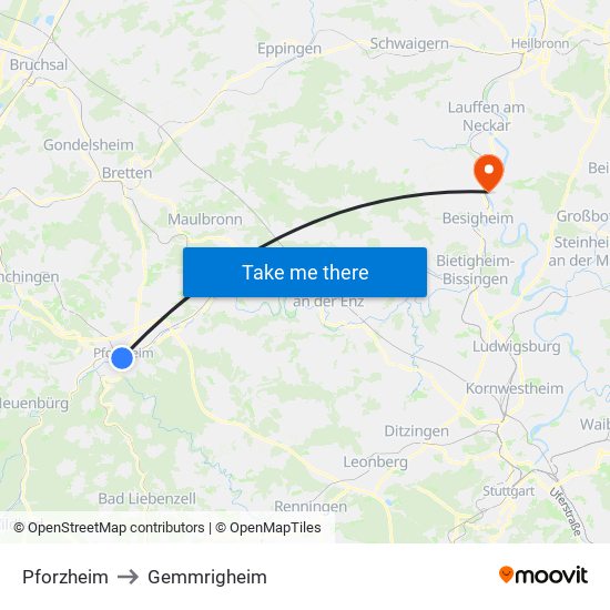 Pforzheim to Gemmrigheim map