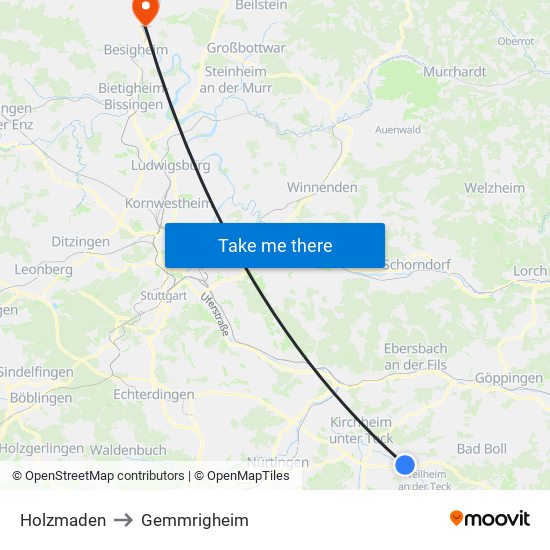 Holzmaden to Gemmrigheim map