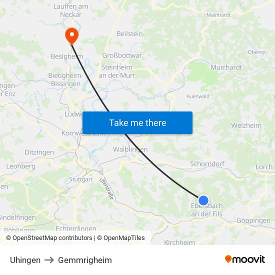 Uhingen to Gemmrigheim map