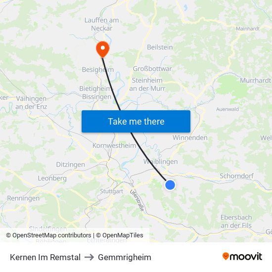 Kernen Im Remstal to Gemmrigheim map