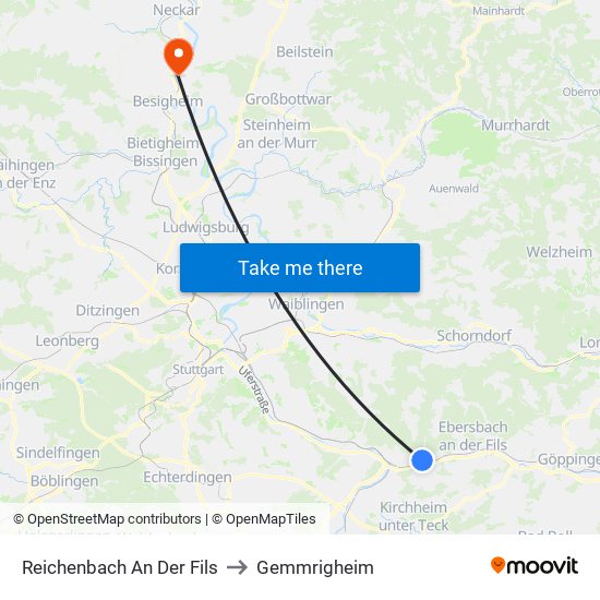 Reichenbach An Der Fils to Gemmrigheim map