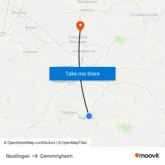 Reutlingen to Gemmrigheim map