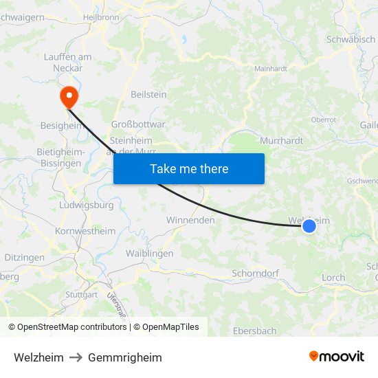 Welzheim to Gemmrigheim map