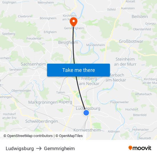 Ludwigsburg to Gemmrigheim map