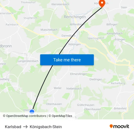 Karlsbad to Königsbach-Stein map