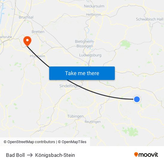 Bad Boll to Königsbach-Stein map