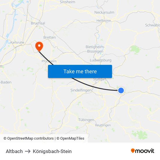 Altbach to Königsbach-Stein map