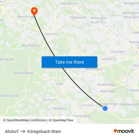 Altdorf to Königsbach-Stein map