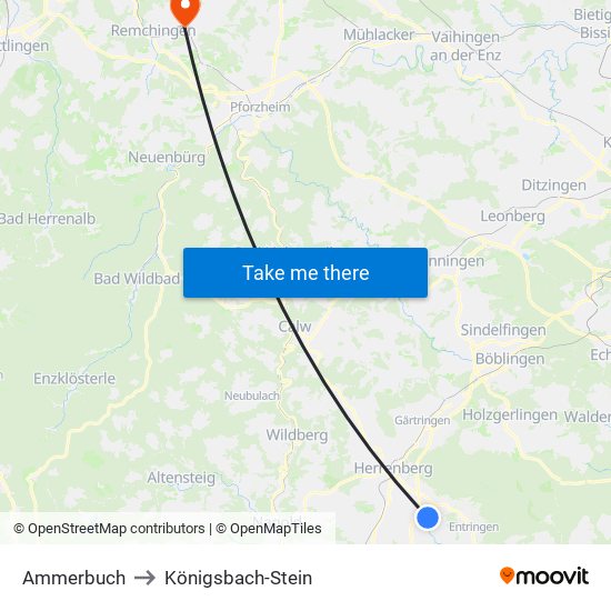 Ammerbuch to Königsbach-Stein map