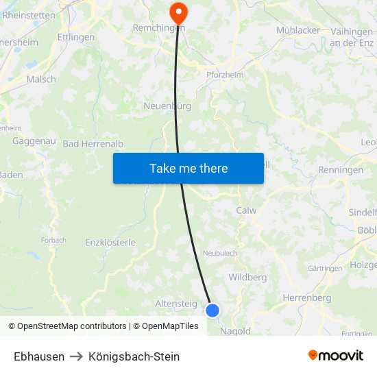 Ebhausen to Königsbach-Stein map