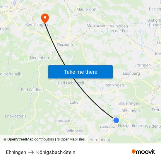 Ehningen to Königsbach-Stein map