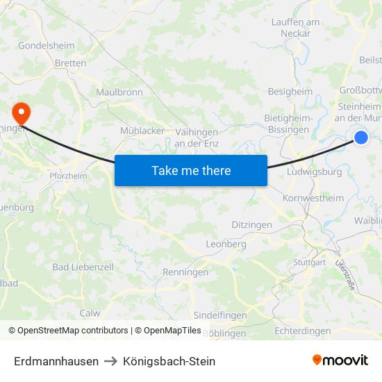 Erdmannhausen to Königsbach-Stein map