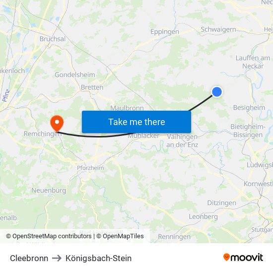 Cleebronn to Königsbach-Stein map