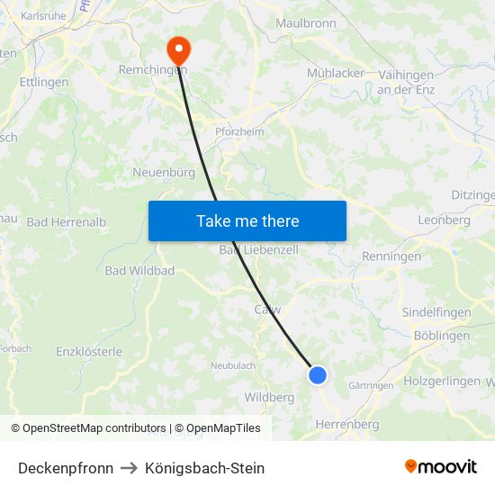 Deckenpfronn to Königsbach-Stein map