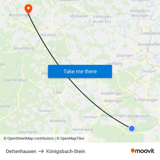 Dettenhausen to Königsbach-Stein map