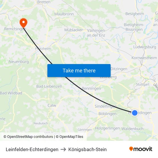 Leinfelden-Echterdingen to Königsbach-Stein map