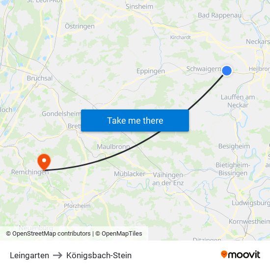 Leingarten to Königsbach-Stein map