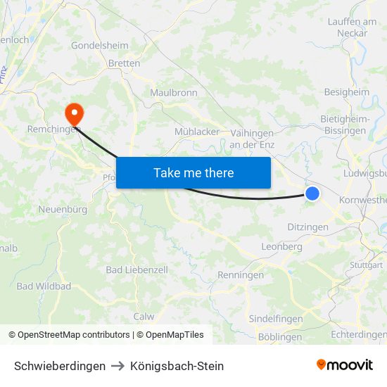 Schwieberdingen to Königsbach-Stein map