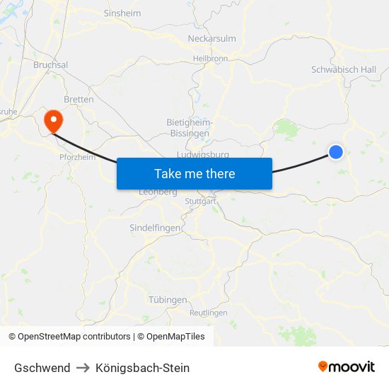 Gschwend to Königsbach-Stein map