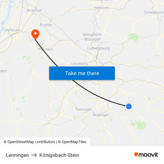 Lenningen to Königsbach-Stein map