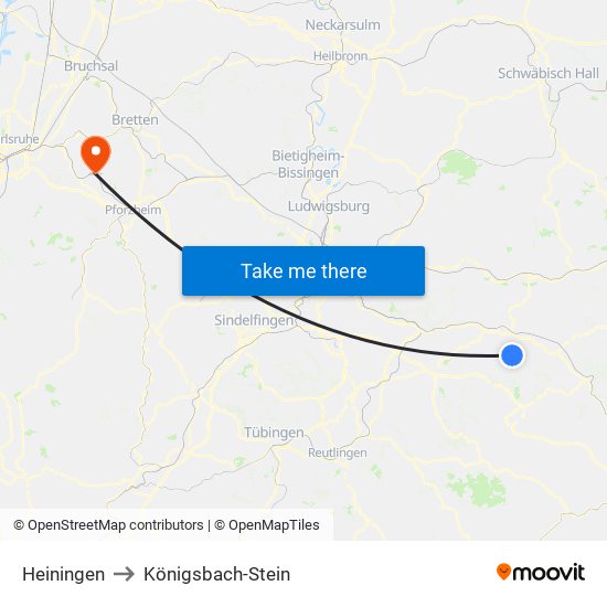 Heiningen to Königsbach-Stein map