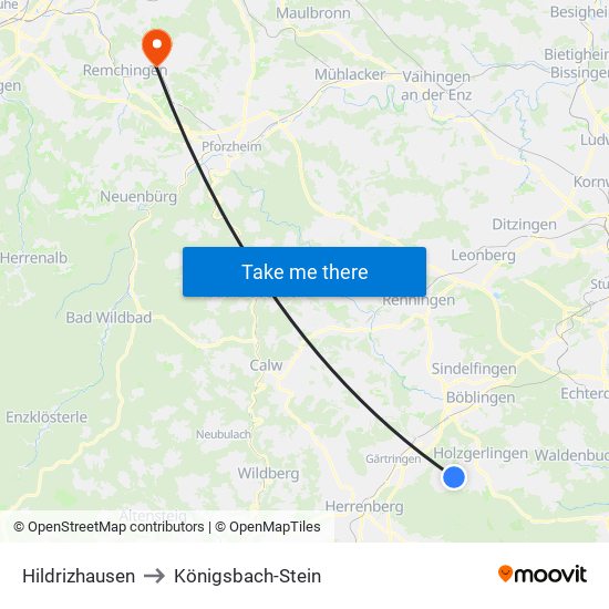 Hildrizhausen to Königsbach-Stein map