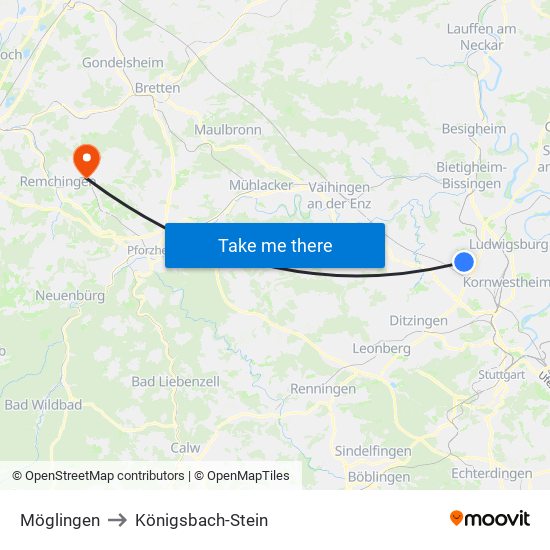 Möglingen to Königsbach-Stein map