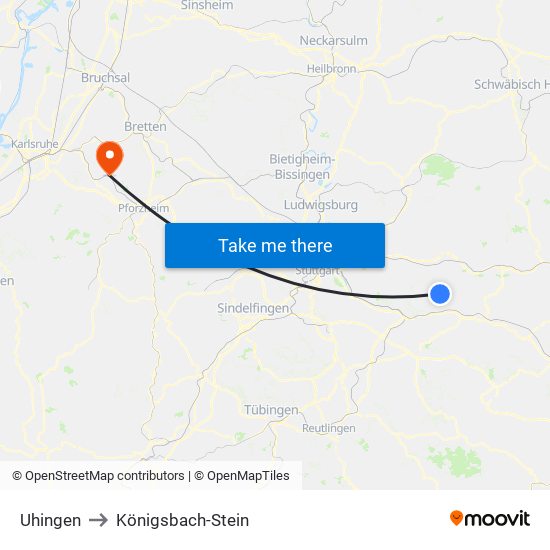 Uhingen to Königsbach-Stein map