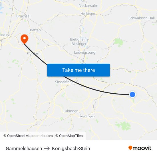 Gammelshausen to Königsbach-Stein map