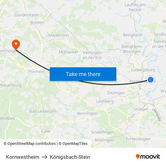 Kornwestheim to Königsbach-Stein map