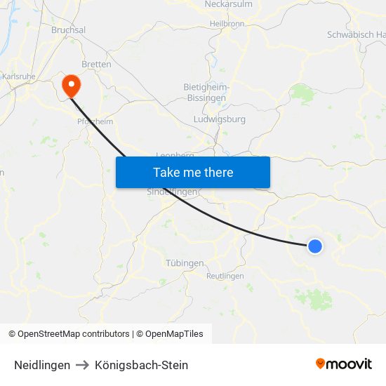 Neidlingen to Königsbach-Stein map