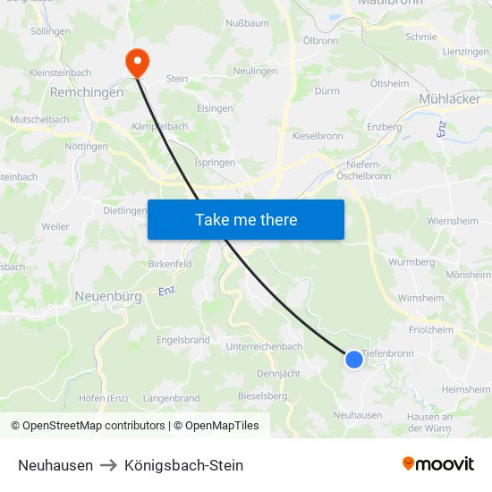 Neuhausen to Königsbach-Stein map