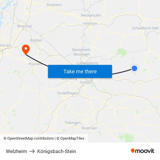 Welzheim to Königsbach-Stein map