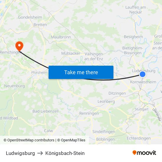 Ludwigsburg to Königsbach-Stein map