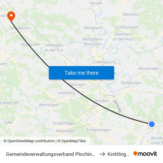 Gemeindeverwaltungsverband Plochingen to Knittlingen map