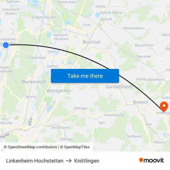 Linkenheim-Hochstetten to Knittlingen map