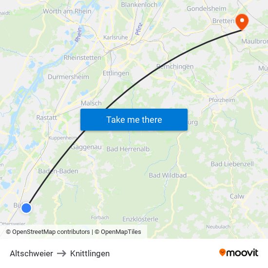 Altschweier to Knittlingen map