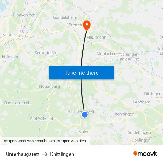 Unterhaugstett to Knittlingen map