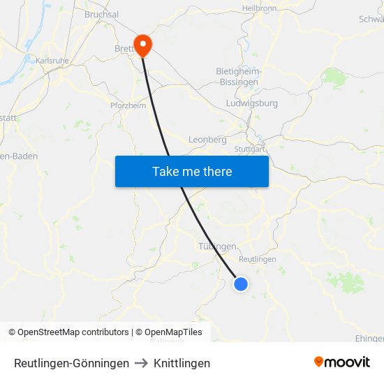 Reutlingen-Gönningen to Knittlingen map