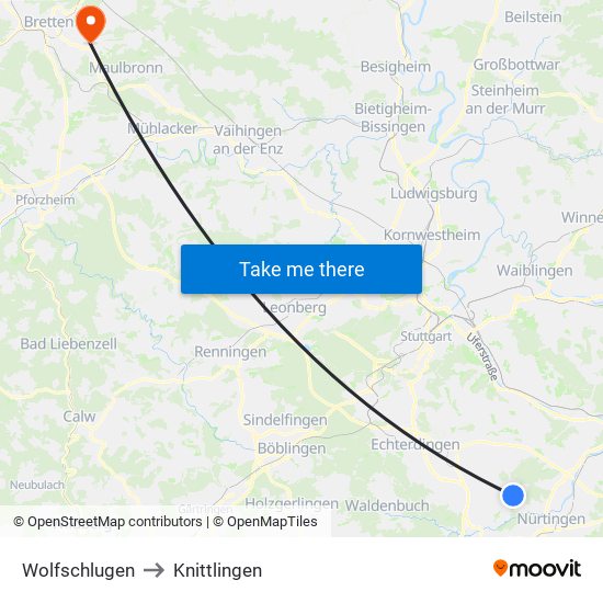 Wolfschlugen to Knittlingen map