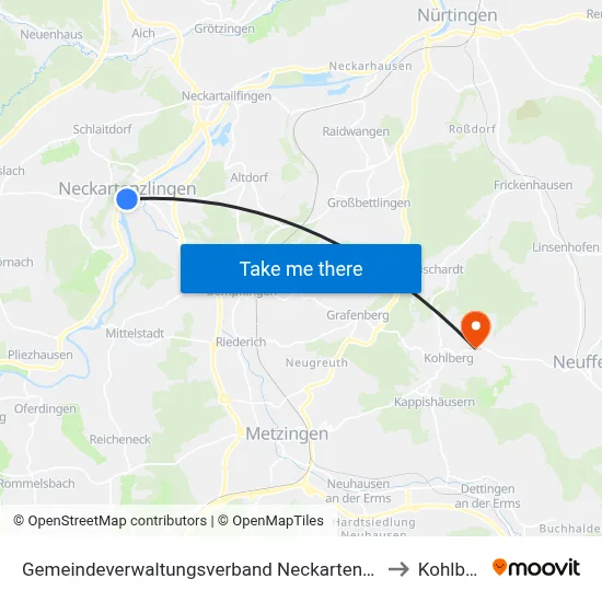 Gemeindeverwaltungsverband Neckartenzlingen to Kohlberg map
