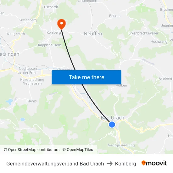 Gemeindeverwaltungsverband Bad Urach to Kohlberg map