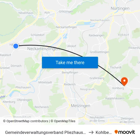 Gemeindeverwaltungsverband Pliezhausen to Kohlberg map