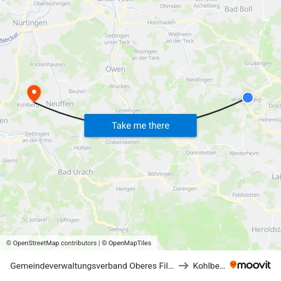 Gemeindeverwaltungsverband Oberes Filstal to Kohlberg map