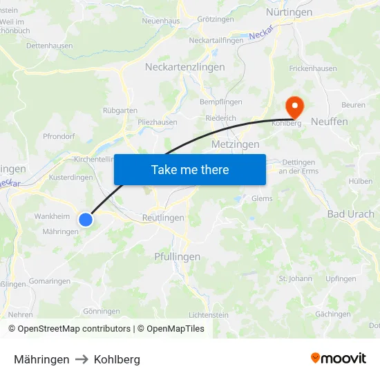 Mähringen to Kohlberg map