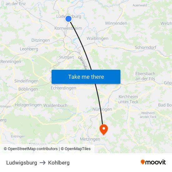 Ludwigsburg to Kohlberg map