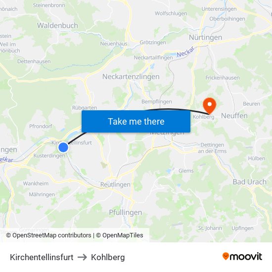 Kirchentellinsfurt to Kohlberg map