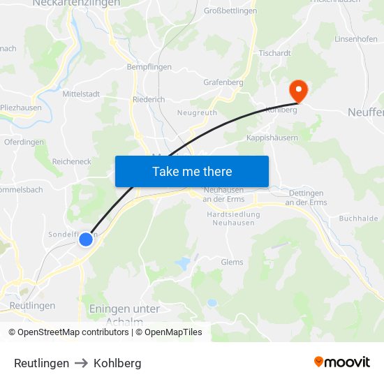 Reutlingen to Kohlberg map