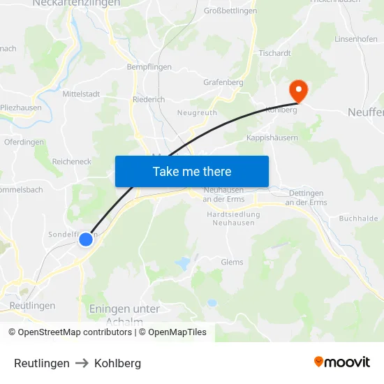 Reutlingen to Kohlberg map