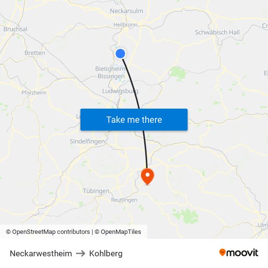 Neckarwestheim to Kohlberg map